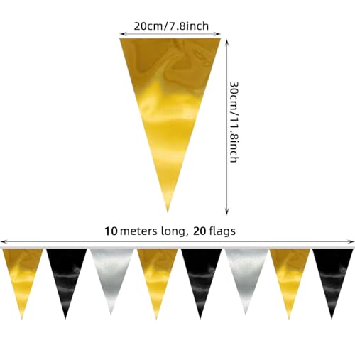 Image of 40M /130FT Black Gold Silver Triangle Pennant Banner Flag Metallic Fabric Bunting Garland for Christmas Wall Hanging,Graduation Decorations, New Years Decorations,Father' Da