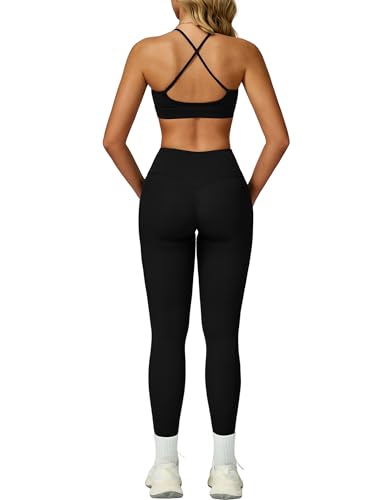 Two Piece Workout Sets For Women Sleeveless Backless Sport Bra Matching High Waist Scrunch Butt Leggings 2 Piece Womens Athletic Work Out Clothes Gym Yoga Active Wear Outfits Cross Back Black S