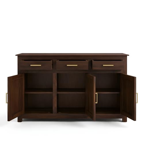 Image of SONA Art & Crafts Solid Sheesham Wood Sideboard Cabinet Storage Organizer for Home Kitchen Living Room & Bedroom Multi Shelves Hallway Dining Room Walnut Finish 145x45x90 CM