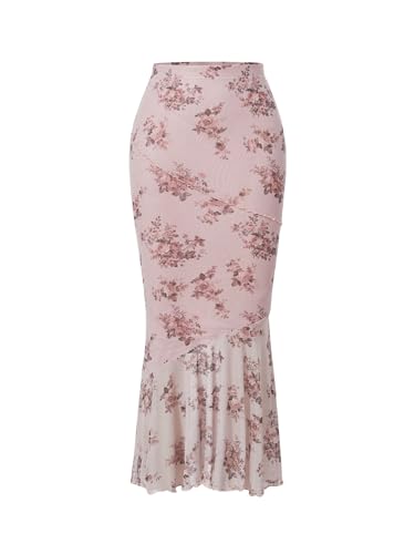 Verdusa Women's Floral Print High Waist Bodycon Ruffle Hem Fishtail Long Skirt Pink Medium