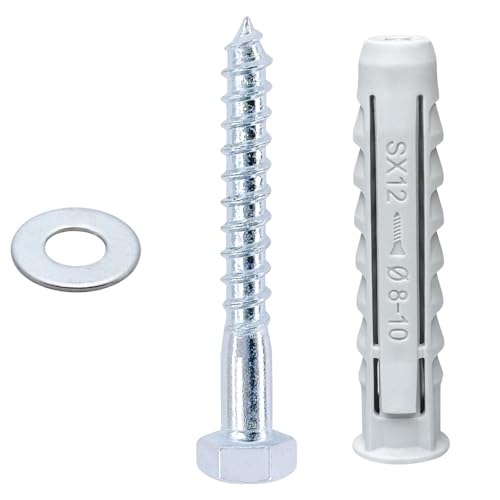 DAIRYCOF 12 PCS Heavy-Duty Masonry Brick Wall Fixing Screws Bolts Anchors Hex Self-Tapping Screws with Expansion Plugs and Washers for TV Mounts,Water Heaters,Cabinet Installation (M8x60mm)