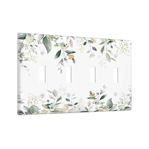 Decorative Switch Plate Covers Rustic Ink Green Eucalyptus Leaves Sage leaf 4 Gang Light Switch Cover Plate Quad Toggle Wall Plate Light Switch Covers for Country Bedroom Home Decor