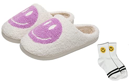 Smiley Face Slippers Women,Plush Slipp-Ers Cute Cartoon Non Slip Indoor Plush Warm Winter Home Shoes