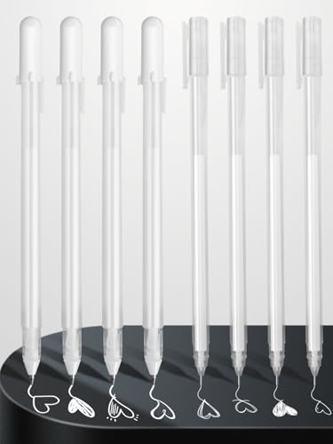Lot de 8 stylos gel blancs - 4 x 0,6 mm + 4 x 0,8 mm - Résistants à l'eau - Pour papier noir - Pour dessin, peinture et croquis - Idéal pour les artistes,...