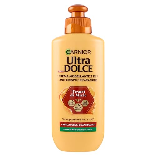 Garnier Crema Modellante 2 in 1, Anti-Crespo e Riparazione, Per Capelli Deboli e Danneggiati, Termoprotettore Fino a 230°, Con Miele di Manuka, Acacia e Lavanda, Ultra Dolce Tesori di Miele, 200 ml