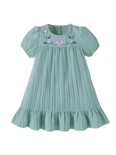 Image of TAGAS Girl Summer Embroidered Square Neck Dress with Ruffle Hem || Girls Dress || Party Dress for Girls ||Fency Dress||(KD-352) Green