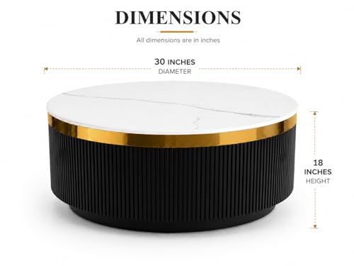Image of Modern Round Centre Table - 76x76x46 cm | White Marble Top with Gold Accent Strip & Charcoal Louvers | Luxury Coffee & Tea Table for Living Room, Lounge & Entryway (Black)