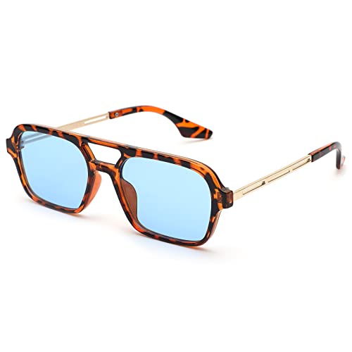 Pro Acme Vintage 70s Flat Pilot Sunglasses for Women Men, Rectangular Glasses UV400 Protection Shades (Leopard Frame | Blue Lens)