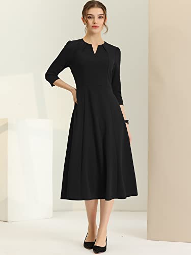 Allegra K Women's 3/4 Sleeve Dresses V Neck Elegant A-Line Work Business Formal Midi Dress with Pockets3