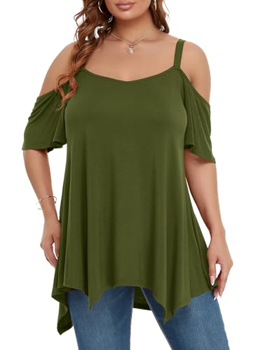 Image of LARACE Cold Shoulder Tops for Womens Summer Clothes Spaghetti Strape Tunic Oversized Shirts Asymmetrical Plus Size Blouse