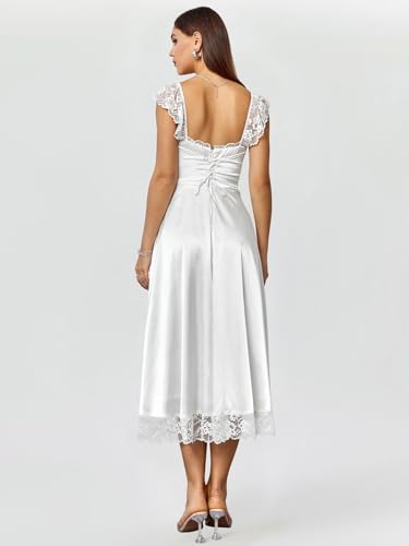 Image of EYNMIN Lace Strap Chiffon Dresses for Women Casaul Flowy A Line Midi Tea Party Dress