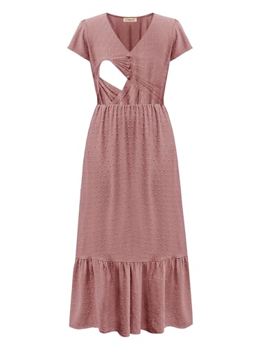 Women Nursing Boho Maxi Dresses Cap Short Sleeve V Neck Swiss Dot High Waisted A-Line Ruffle Tiered with Pockets3