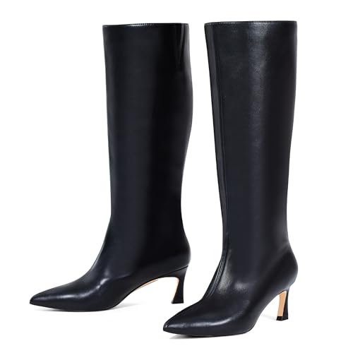 GENSHUO Knee High Boots Women Low Kitten Heel Long Tall Boots with Pointed Toe Winter Fall Sexy Fashion Comfortable Dress Shoes
