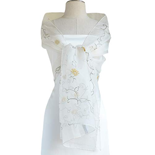 Silk Organza Shawl, 76" L x21 W, Embroidery & Beads Adorned, Ivory2