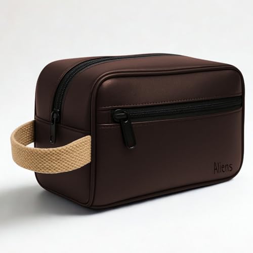 Image of Aliens Multipurpose Travel Organizer Vegan Leather Pouch for Men and Women, Hanging Dopp Kit, Water-Repellent Bag for Toiletry, Shaving Kit, Cosmetics & Makeup, Jewellery, Gadget, Accessories-Brown