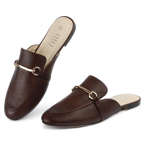 Image of MUSSHOE Gold Buckle Mules for Women - Comfortable Memory Foam Loafers, Classy Slip On Flats for Office Business Casual, Dressy Pointed Toe Shoes