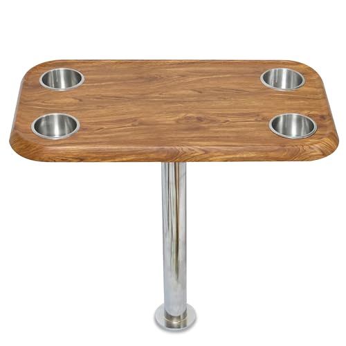 Teak Pontoon Boat Table Top & Post - No-Wobble Pontoon Table with Flush Mount Anchor & Stabilizing Floor Plate - Easy-to-Install, Compact Design with Modular Accessory Mount - Available in 6 Colors