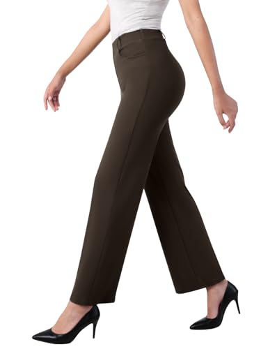 IPMQ Women's Straight Leg Dress Pants Stretchy Work Pants Business Casual Slacks with Pockets Brown