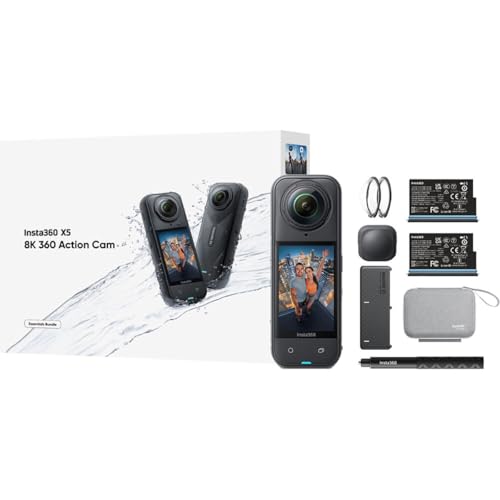 Insta360 X5 Essentials Bundle-8K Waterproof 360 Action Camera|Bundle Includes Selfie Stick, Extra Battery, Utility Fast Charge Case, Standard Lens Guards, Lens Cap, Carry Case