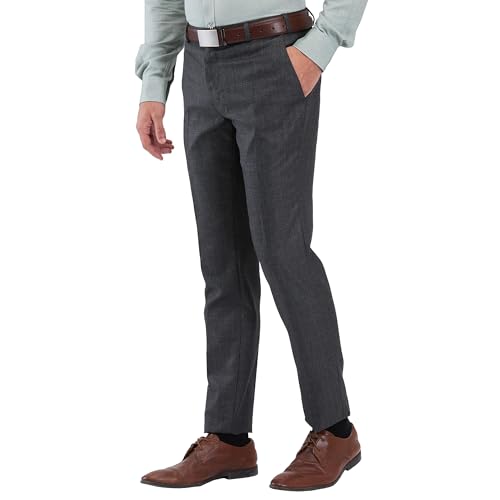 Image of Raymond Men's Slim Fit Mid Rise Structure Pattern Poly Viscose Blend Flat Front Formal Trouser