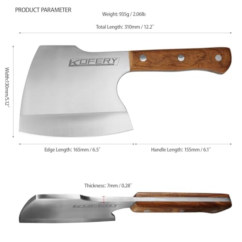 KOFERY Hand Forged Meat Cleaver - Heavy Duty Bone Chopper Axe Knife with Wood Handle, Full Tang Chopping Knife for Kitchen, Camping, BBQ and Outdoor
