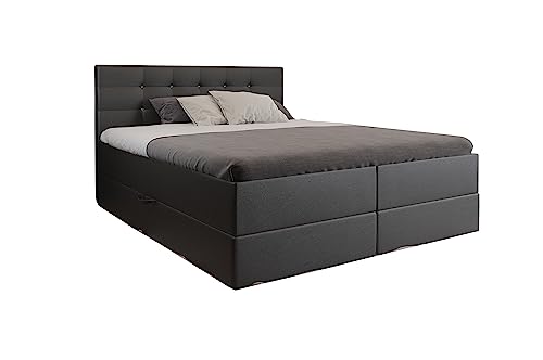 KEF Malaga Boxspringbett 160x200 cm - Bett mit Matratze und Topper - Doppelbett mit Bettkasten - Polsterbett mit Kopfstütze - Bonell-Matratze H3 - Schwarz Kunstleder