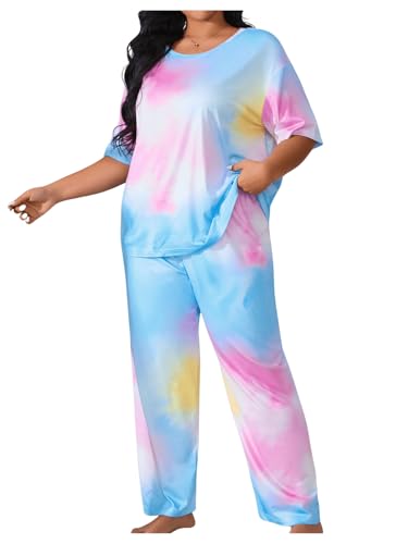SOLY HUX Women's Plus Size Pajama Set Tie Dye Short Sleeve T Shirt and Pants Lounge Set 2 Piece Sleepwear Pink Blue Multi 4XL