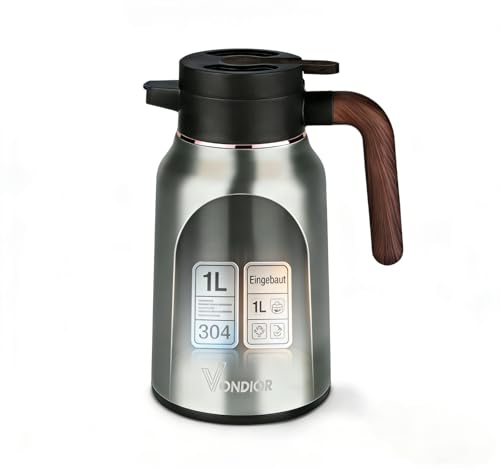 Vondior Thermoskanne 1L, Isolierkanne aus 304 Edelstahl, Vakuumkanne für 36 Stunden Heiß & Kalt, BPA-freier Getränkespender für Kaffee, Tee & Party