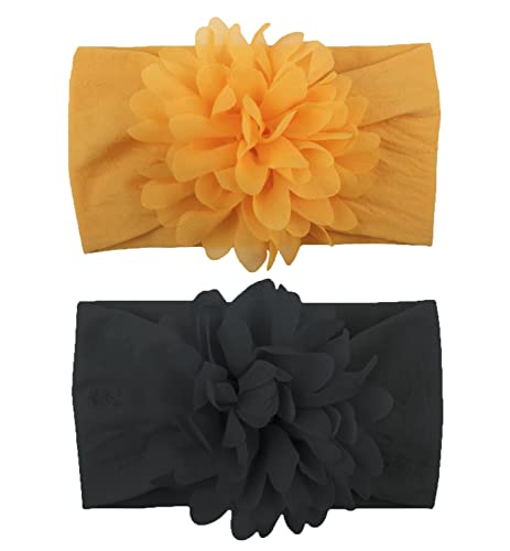 Image of SYGA Pack of 2 Baby Headbands Nylon Flower Soft Stretchable Hairband for Newborn Infant Toddler Kids For 0-3 Year Black & Yellow