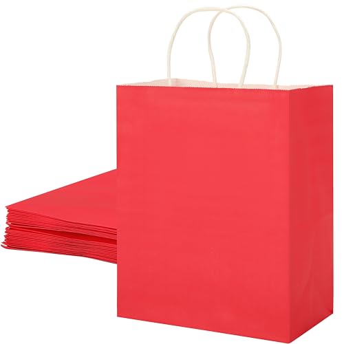SUNCOLOR 25 Pack Red Gift Bags with Handles 8x4.5x10 Inch Medium Paper Bags for Shopping Retail Party Favors Wedding Valentines Day