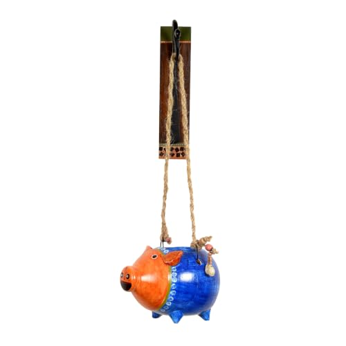 Image of AAKRITI ART CREATIONS Wall Hanging Planter with Hook | Blue Pig Design, Modern Art, Matte Finish | Metal, Terracotta & Wood | Decorative Hanging Pot for Indoor & Outdoor Home Decor