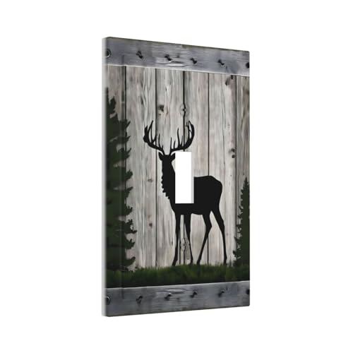 Decorative Light Switch Cover Plate Rustic Deer Elk Forest Grey Wood Board 1 Gang Wall Plate Oversized Single Toggle Wall Cover Plate Jumbo Electrical Switchplate Faceplate