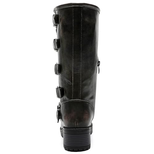 Image of GLOBALWIN Chunky Mid Calf Fashion Dressy Motocycle Biker Military Style Combat Boots for Women Low Heel