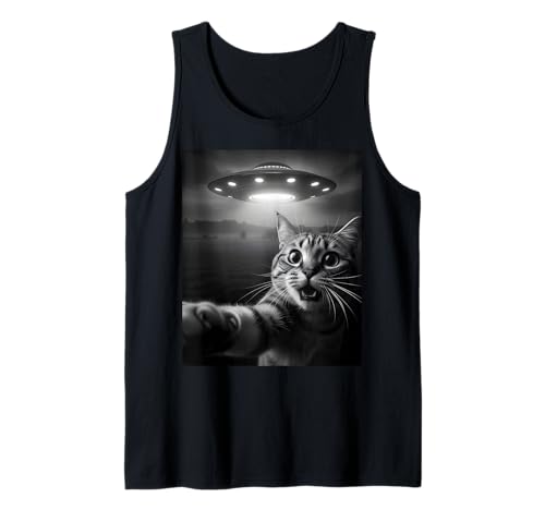 Funny Cat Selfie with Alien UFO Encounter Fun For Boys Girls Camiseta sin Mangas