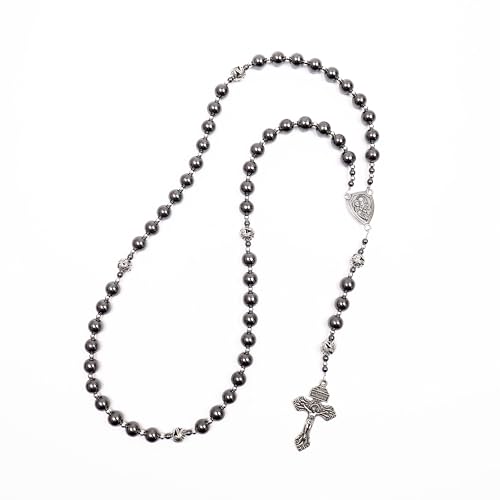 Image of Nazareth Store Hematite Rosary Black Stone Beads Necklace Metal Beaded Silver-Plated Medal & Cross for Men NS