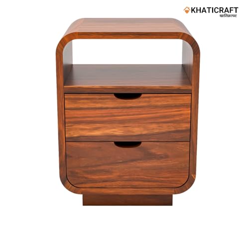 Image of Solid Sheesham Wood Rami Bedside Table with 2 Drawer and Shelves Storage for Bedroom Furniture | Wooden Bedside End Tables | Nightstand Side Table for Living Room and Home (Natural Finish)