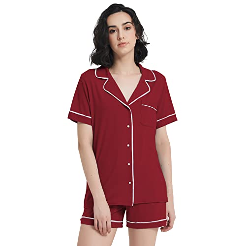 Metarino Merino Wool Pajamas Women 2Pcs Set Nightwear Short Sleeve Soft Button Down Sleepwear For Home,Wine Red,Medium #TOP14