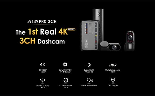 Image of VIOFO A139 Pro 3CH DashCam STARVIS 2 IMX678 Sensor, Superb Night Vision, Ultra HD 4K HDR Dashcam, 5GHz WiFi GPS, 24H Parking Mode, CPL Filter, Voice Notification (A139 Pro 3CH (Front + Interior + Rear))