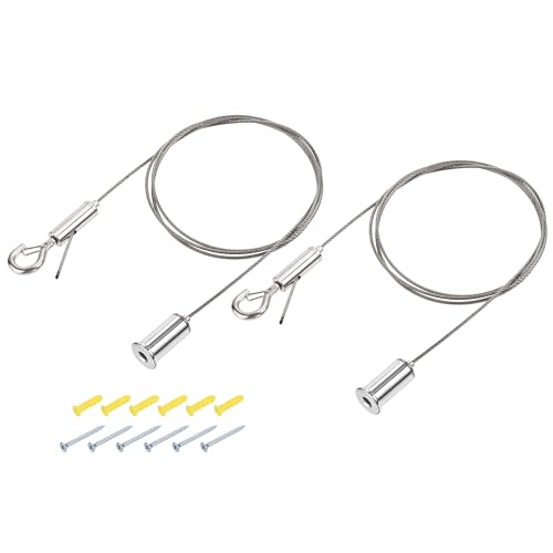 Image of uxcell Picture Hanging Wire Hooks Kit, 2Set 1.5M Adjustable Hanger Wire for Home Art Gallery Picture Display Kit, Load 33 Lbs, with 6Set Screws