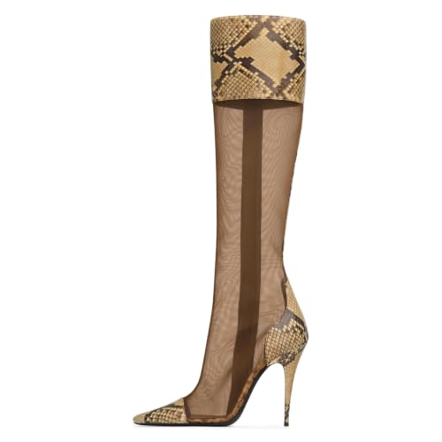 Fuazuzu Snake Print Retro Mesh Stiletto Knee High Boots for Women, 7.5