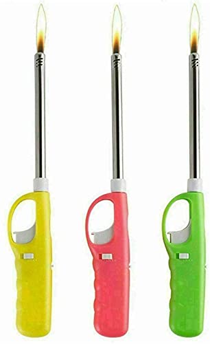 3 x Refillable Gun-Shape Gas Lighters Long Reach BBQ & Kitchen Lighters, Assorted Colours for Candles, Fireplaces & Camping
