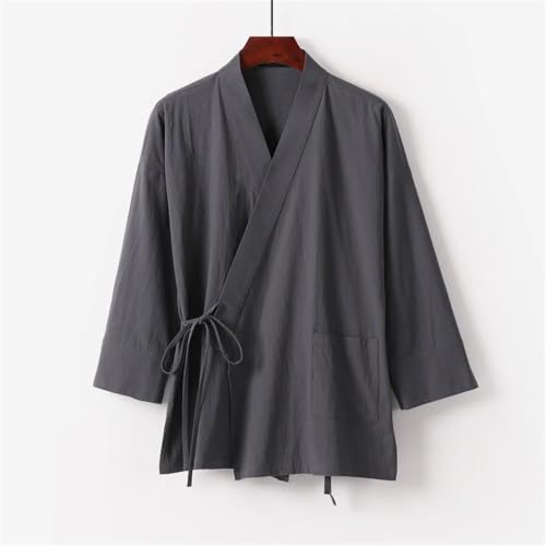 Men's Cotton Linen Two Pieces Sets Lace-Up Kimono Tops Ninth Pants Casual Suit Male Suit3