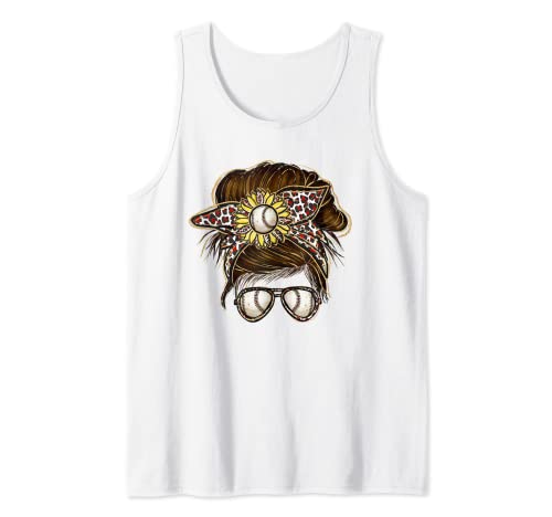 Mom Baseball Messy Bun Shirt Mujeres Leopard Sport Funny Camiseta sin Mangas