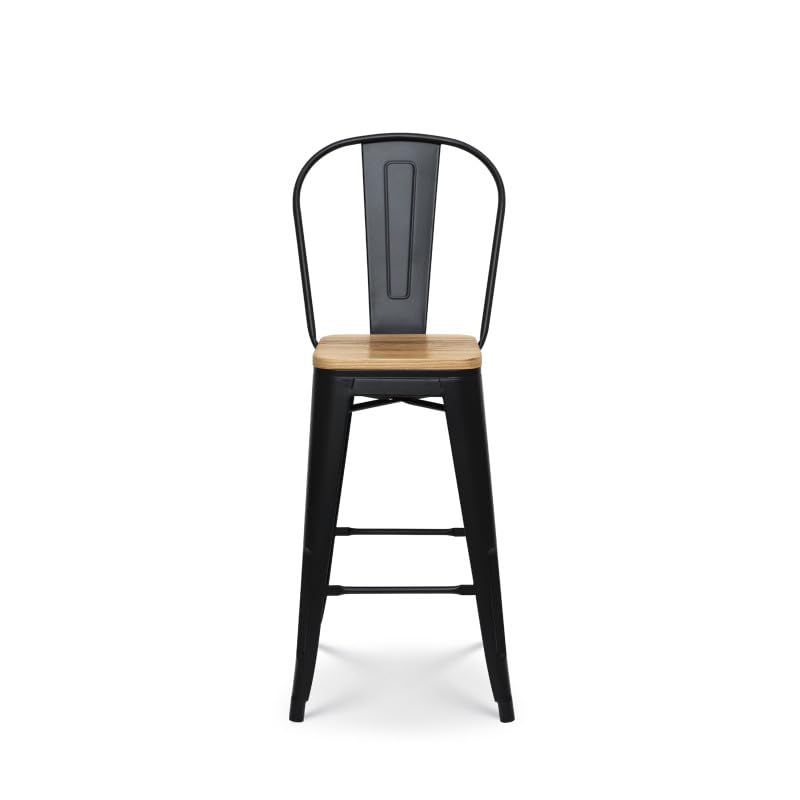 Kosmi - Lot de 4 tabourets de Bar Style Industriel en Métal Noir Mat avec Dossier Haut et Assise en Bois Clair - Hauteur d'Assise 66 cm
