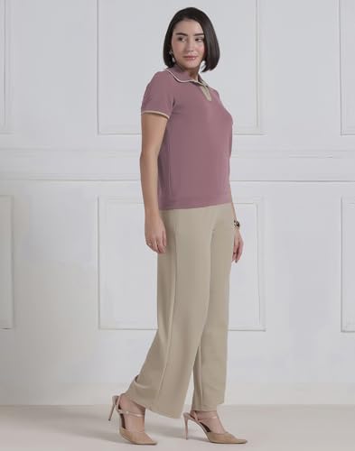 Image of Selvia Lycra Co-ord Set for Women, Collar Neck Top and Beige Trouser Pant