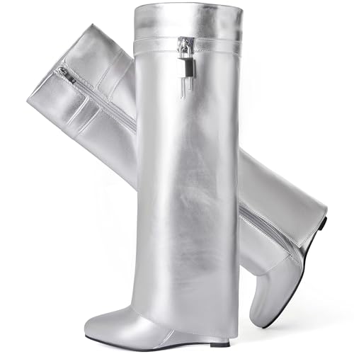 Image of Fold Over Boots for Women Pointy Pull-on Wedge Heel Knee Shark Boot With Side Zipper Padlock Design