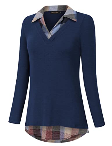 GloryStar Women's Long Sleeve Contrast Collared Shirts Patchwork Work Blouse Tunics Tops2