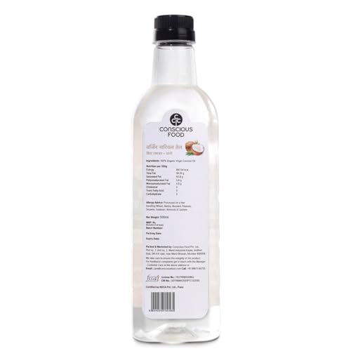 Image of Conscious Food Cold Pressed Virgin Coconut Oil, 500 ml | Organic | Boosts Heart Health, Good for Skin Care | Pure Coconut Oil with Rich Aroma | For Cooking, Hair Care, Oil Pulling | Pet Bottle