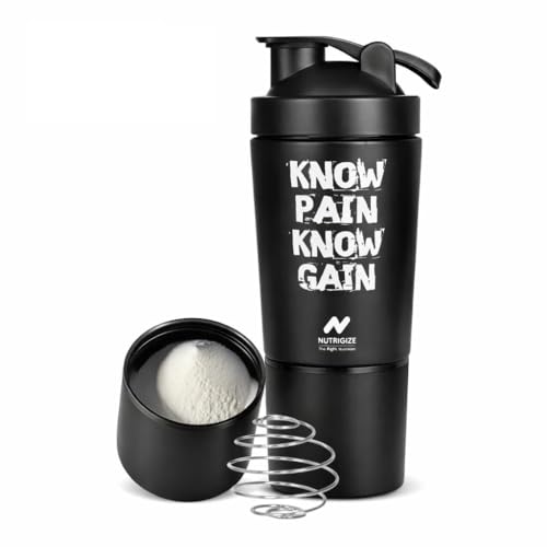 Image of Stainless Steel Shaker Bottle for Protein, 590ml Water Bottle with Extra Compartment | Leak-Proof, BPA-Free, Durable, and Multi-Functional for Protein Shakes (Black)