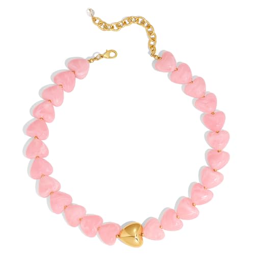 TENTMENTISE Heart Necklace for Women, Chunky Pink Heart Choker Necklace, Colorful Large Puffy Chunky Hearts Pink Beaded Necklaces, Boho Summer Beach Jewelry Birthday Gifts for Vacation Holiday